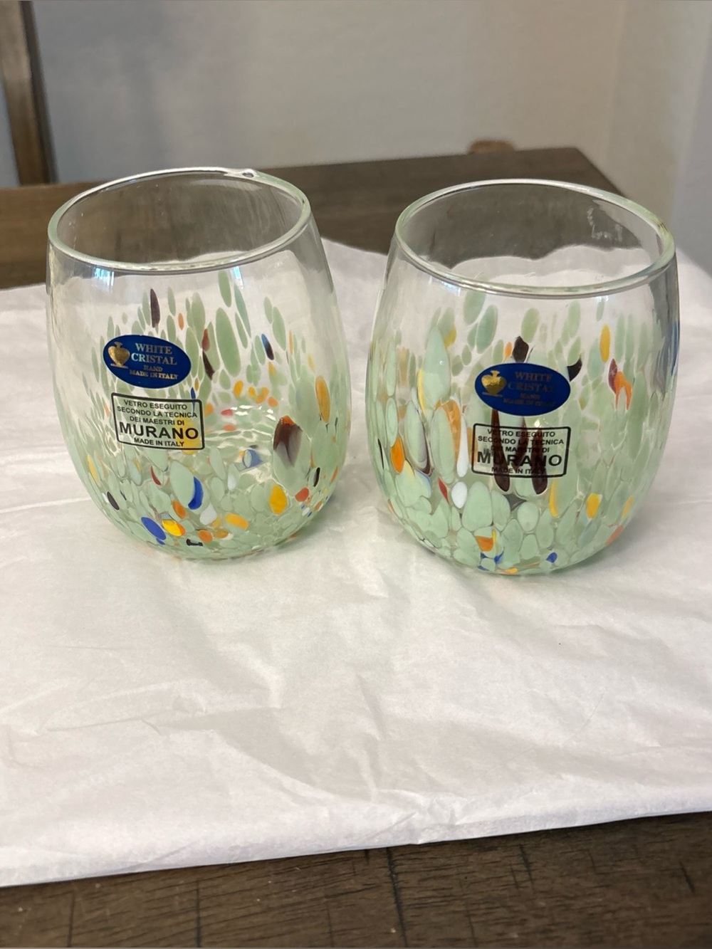 Murano White CrystalGreen  Light Confetti Stemless Wine Tumblers Hand Made Italy